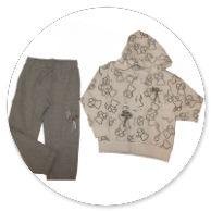 COMPLETO CARDIGAN IN FELPA BEIGE FANTASIA ORSETTI GRIGI E PANTALONE ECRU 